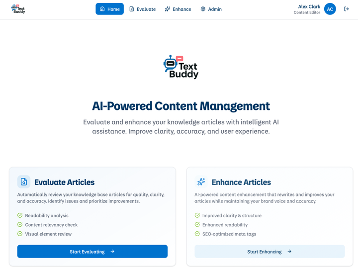 Text Buddy home screen from the Content AI Toolkit production application, with the Evaluate Articles and Enhance Articles workflows.