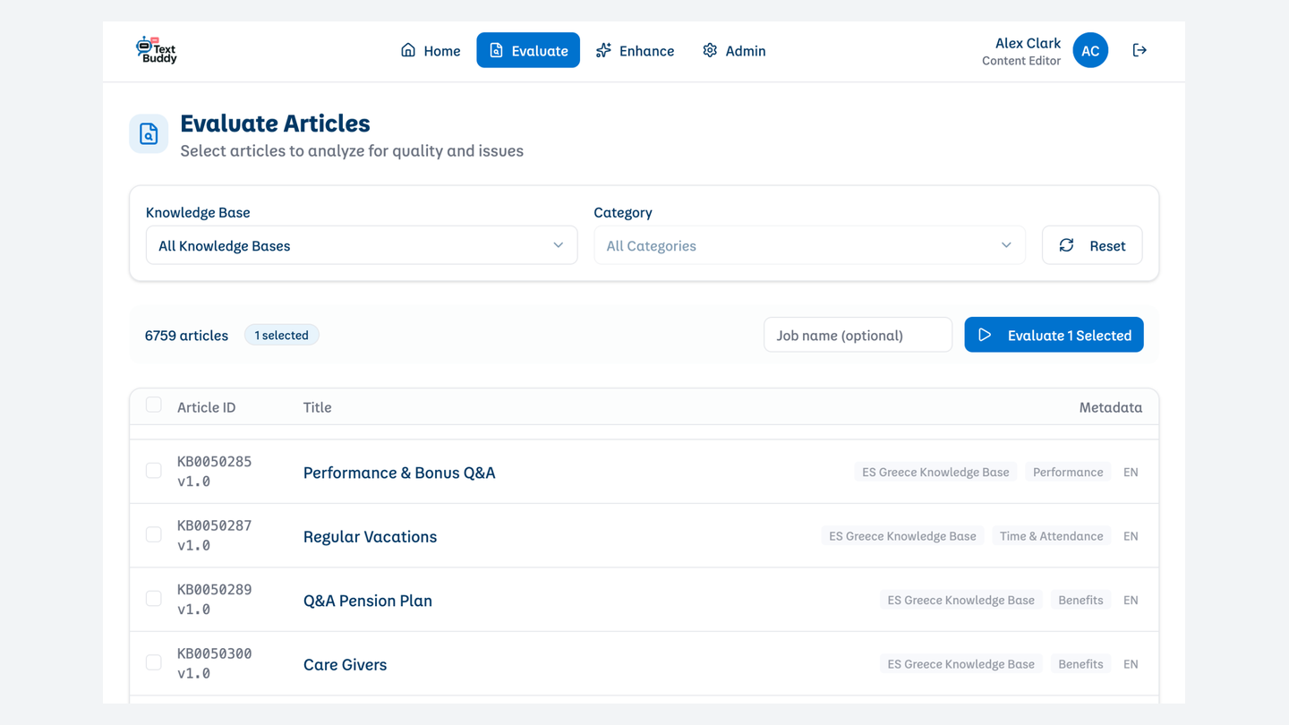 Content AI Toolkit - the Text Buddy Evaluate Articles screen